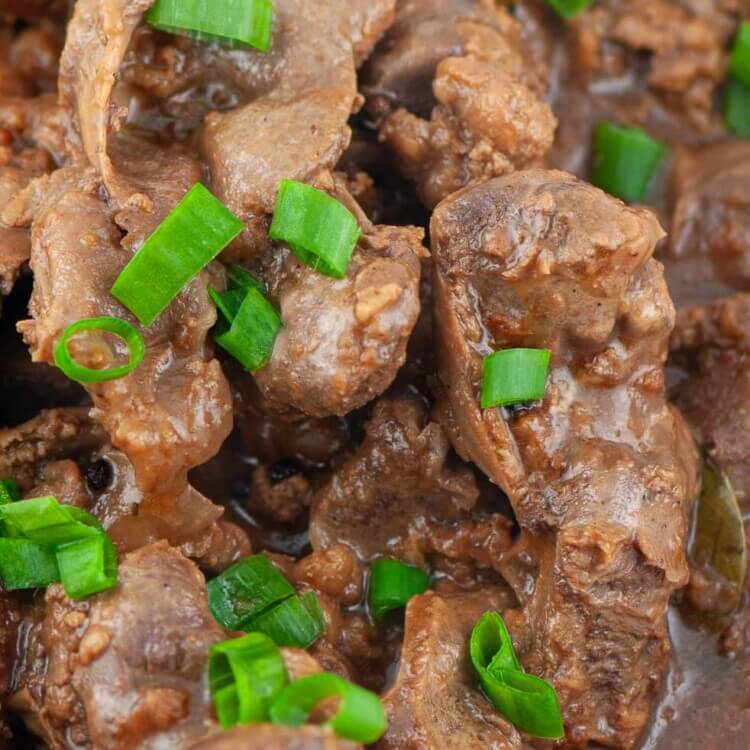 Chicken liver and gizzard adobo close up