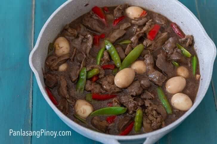 Chicken Liver and Gizzard Stew with Quail Eggs and Snap Peas