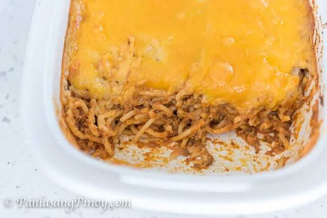 creamy baked spaghetti in pan