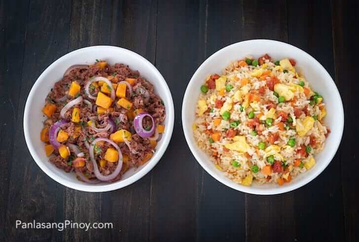 longanisa fried rice and ginisang corned beef with kalabasa